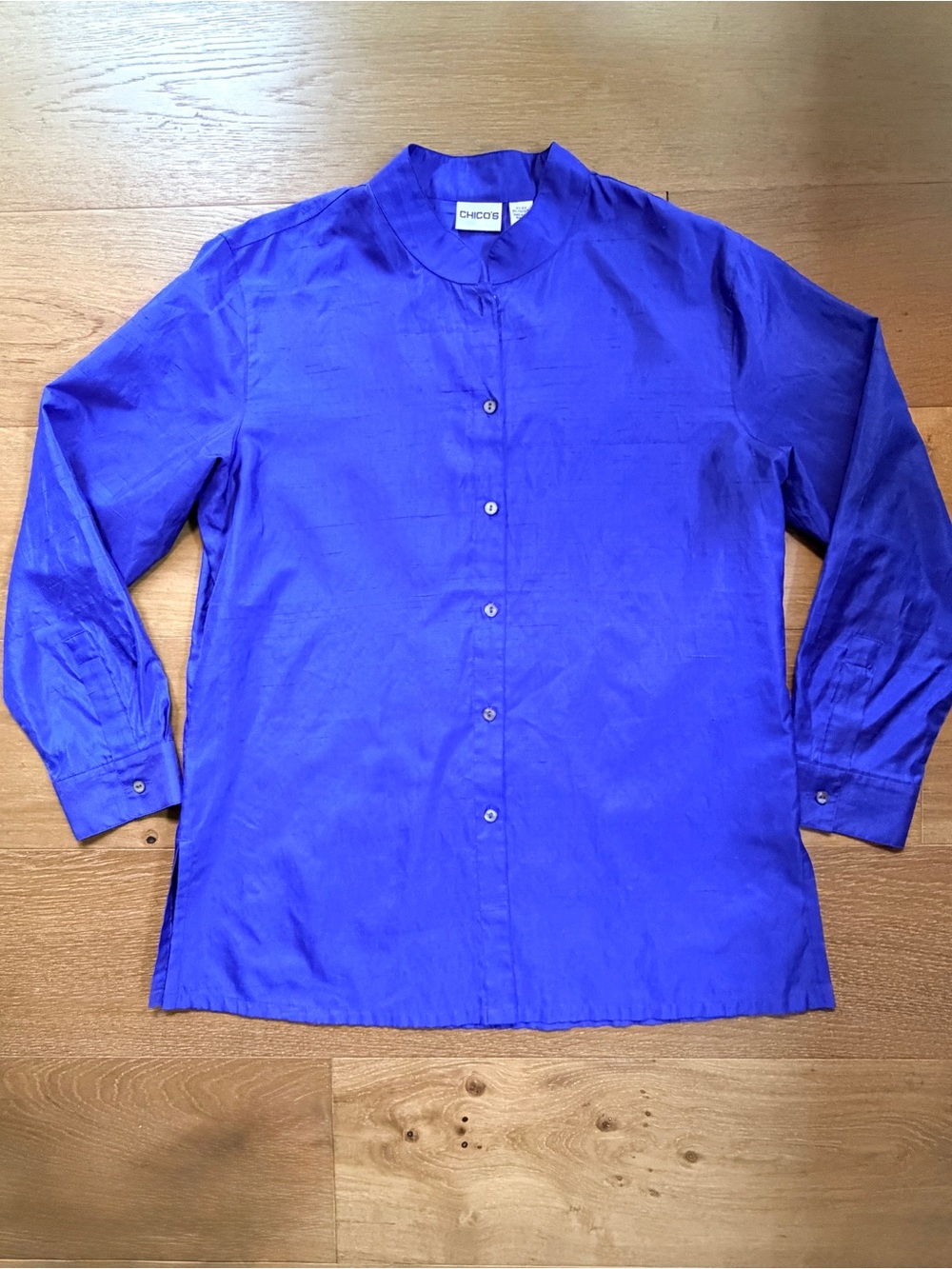 Chico's Raw Silk Blend Mandarin Collar Tunic Shirt Royal Blue Sz 2/Large VTG Y2K